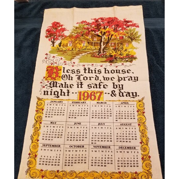 Vintage linen tea towel bless this house 1967 calendar new old stock - Picture 1 of 6